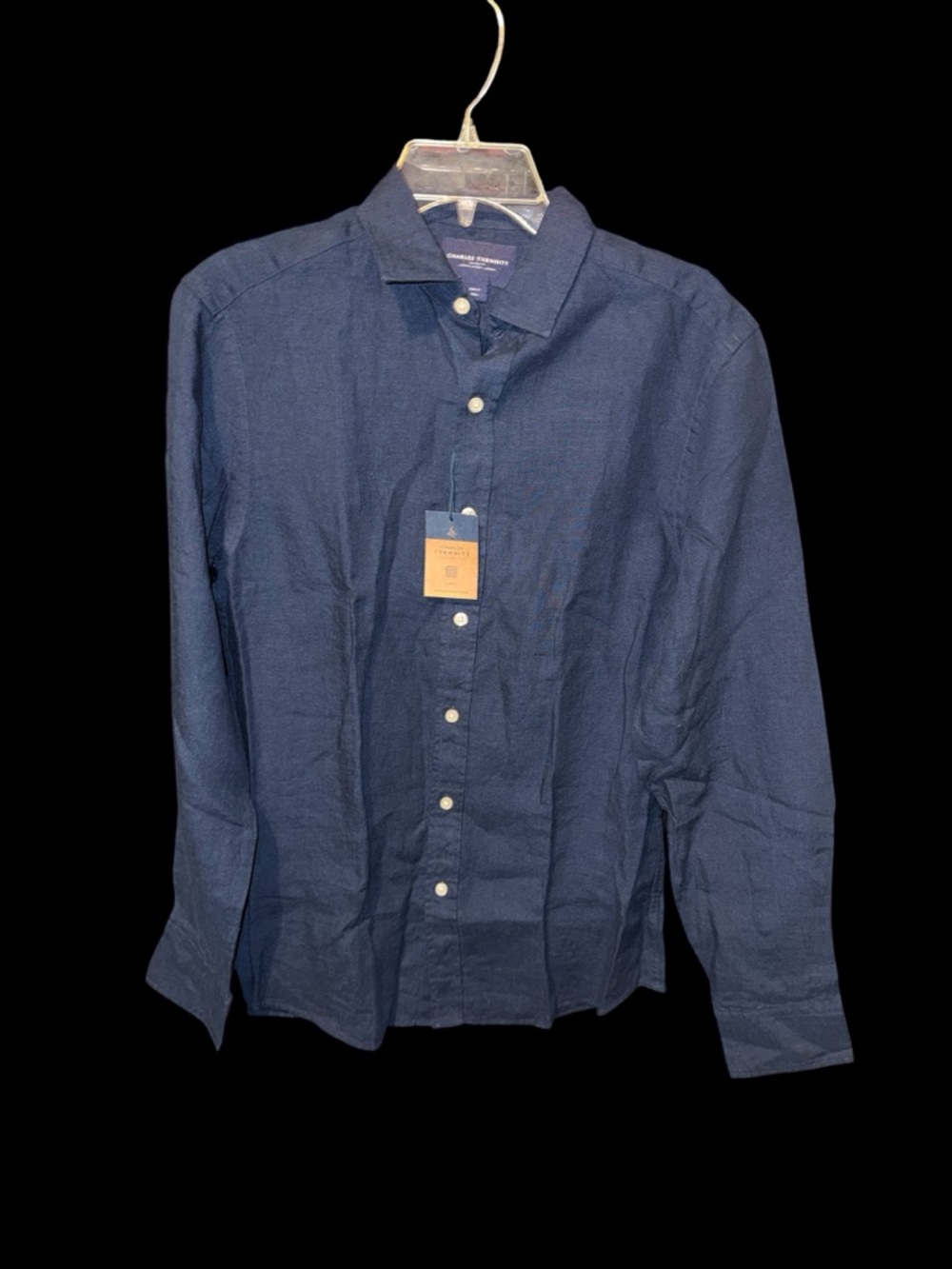 Charles Tyrwhitt Linen Slim Fit Small Men's Navy Button-Down Shirt - Long Sleeve